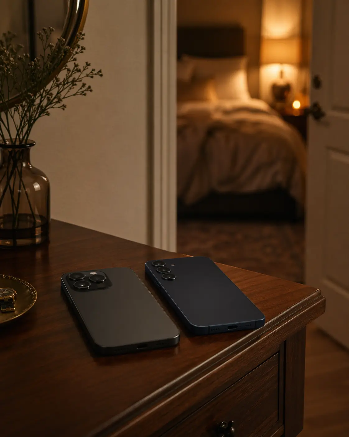 deux telephones poses sur commode entree chambre