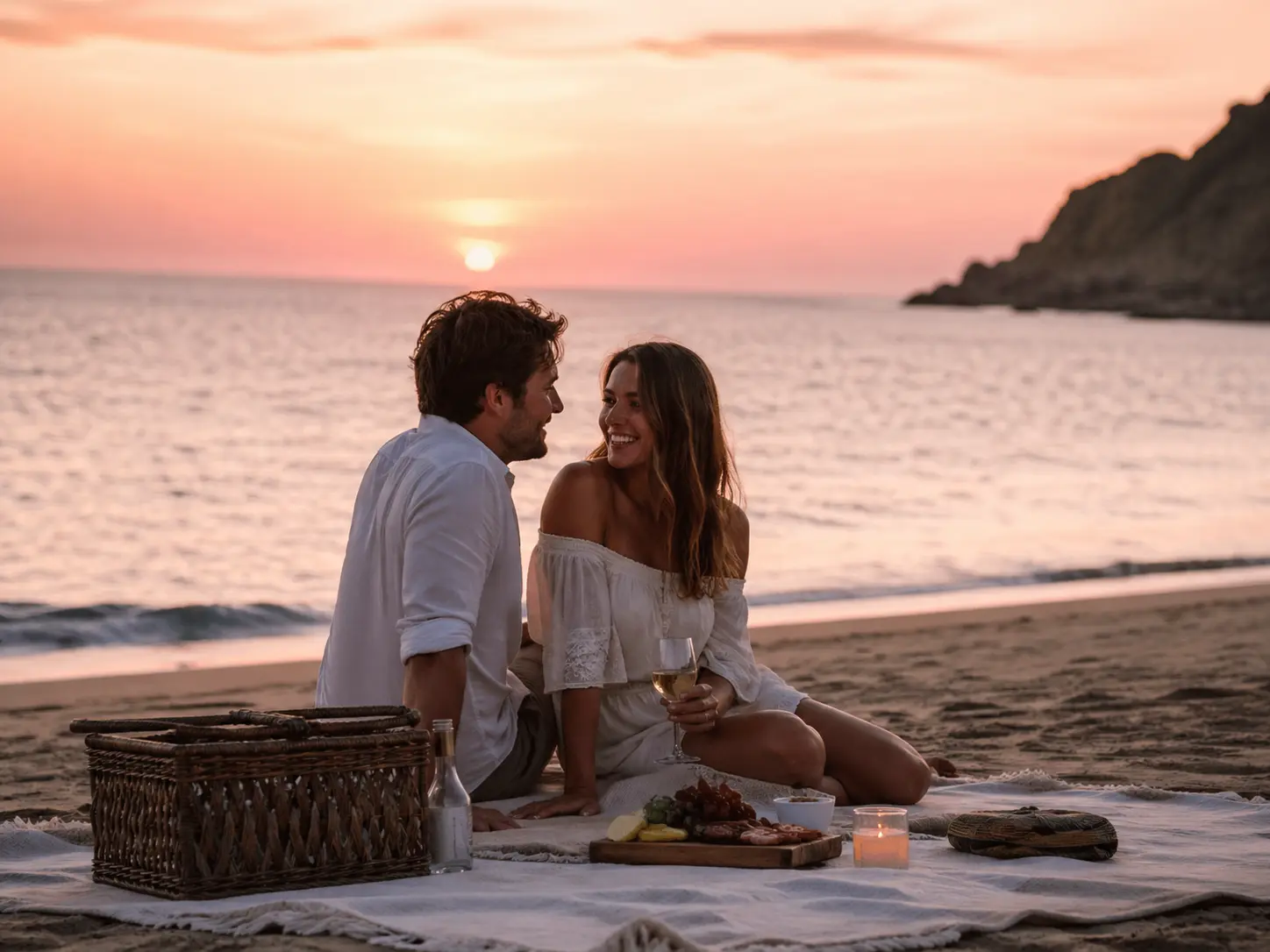 pique nique romantique plage coucher de soleil