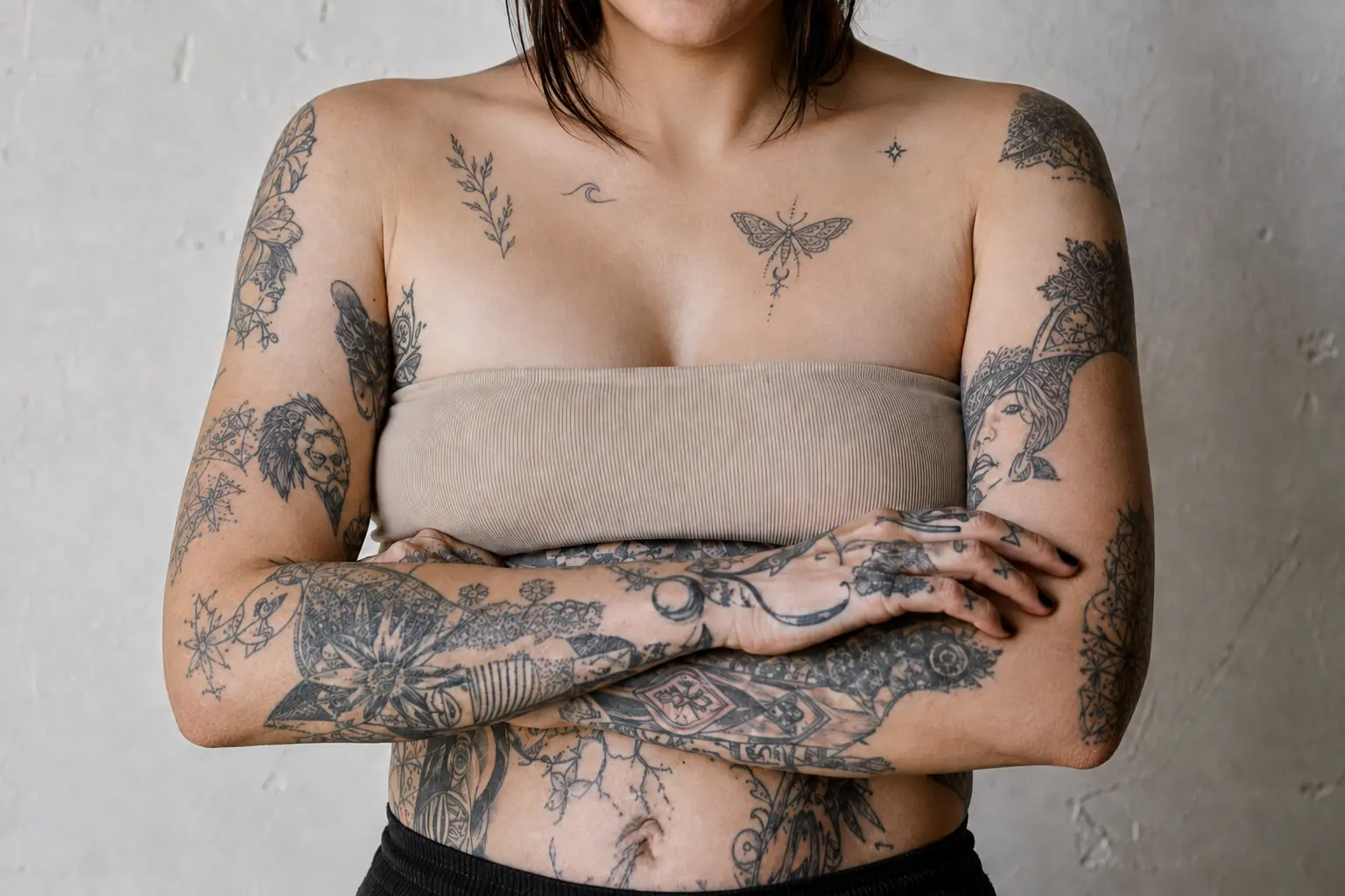 Femme aux bras et buste recouverts de tatouages