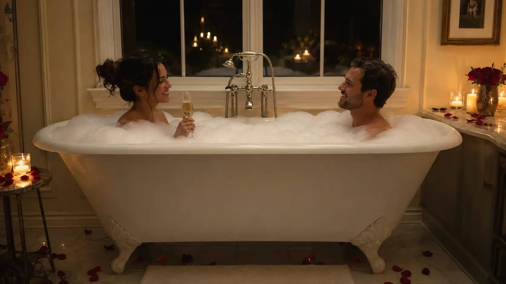 Couple partageant un bain moussant romantique aux chandelles