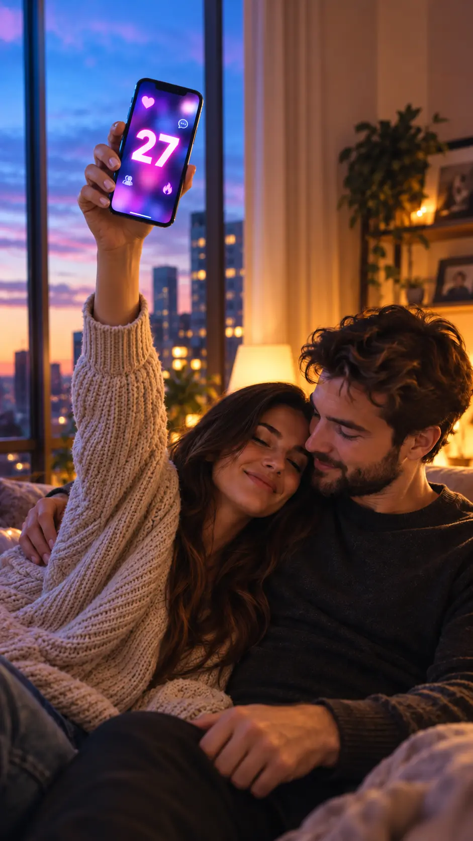 Couple sur un canapé, femme montrant un bodycount de 27 sur son téléphone