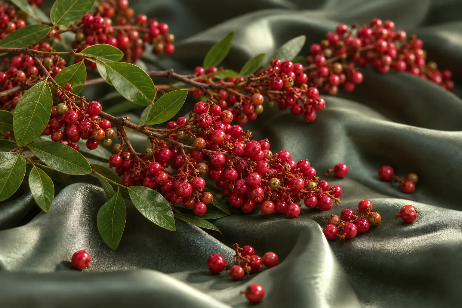 Branche de baies rouges sur un tissu satiné vert